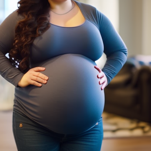 An image showcasing a confident plus-size woman wearing comfortable maternity jeans, highlighting the perfect fit around her baby bump