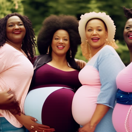 An image showcasing a diverse group of plus size pregnant women confidently rocking different must-have maternity jean styles