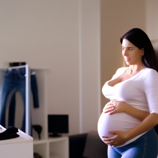 An image showcasing a pregnant woman confidently trying on maternity jeggings, highlighting the importance of precise measurements