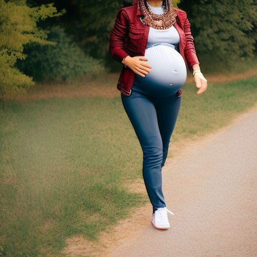 An image that showcases a stylish pregnant woman confidently sporting maternity joggers, pairing them with a loose-fitting striped top and a denim jacket