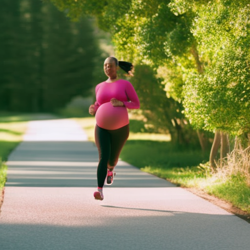 An image showcasing a confident, expectant mother joyfully jogging in comfortable maternity joggers, her baby bump accentuated by the sleek, form-fitting design