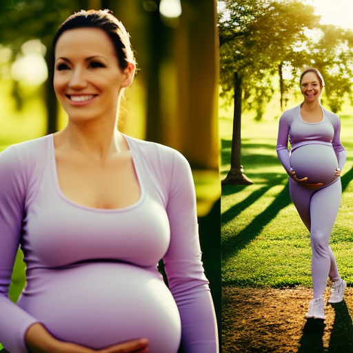 An image that showcases a confident, expectant mother in comfortable maternity joggers, effortlessly gliding through a serene park