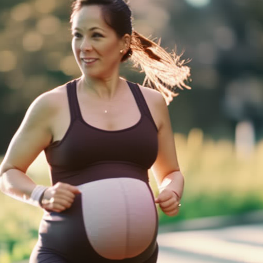 An image showcasing a pregnant woman comfortably jogging in maternity joggers, highlighting their adjustable waistband, breathable fabric, and supportive belly panel