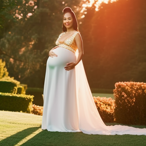 An image showcasing a stylish pregnant woman wearing a form-fitting maternity jumpsuit in a luxurious setting