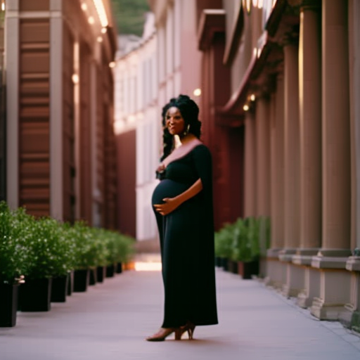 An image featuring a stylish pregnant woman wearing a chic maternity jumpsuit, effortlessly transitioning from casual daywear to an elegant evening look