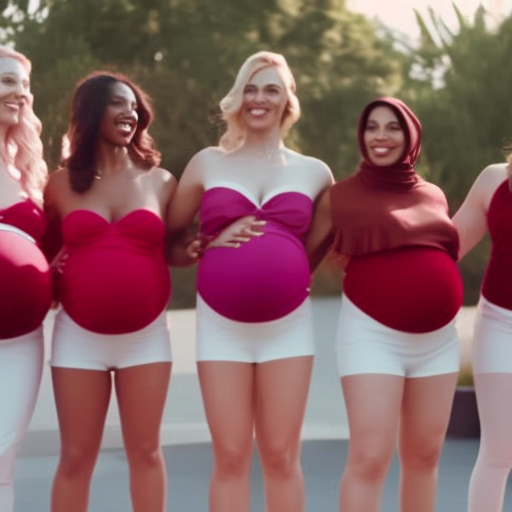 An image showcasing a diverse group of pregnant women confidently rocking stylish maternity jumpsuits, celebrating their unique baby bumps