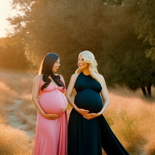 An image showcasing a pregnant woman confidently wearing a comfortable and stylish maternity jumpsuit, while another woman elegantly dons a flowing maternity dress