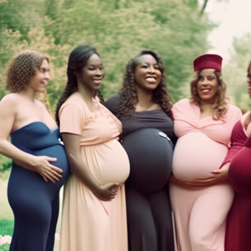 An image showcasing a diverse group of pregnant women wearing different sizes of maternity jumpsuits, emphasizing how each outfit perfectly hugs their baby bumps