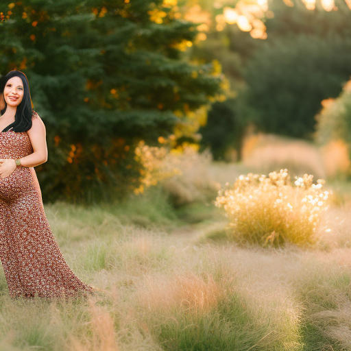 Depict a radiant expectant mother gracefully donning a form-fitting, stylish maternity jumpsuit, accentuating her growing belly while exuding confidence and comfort, against a backdrop of lush greenery, bathed in warm, golden sunlight