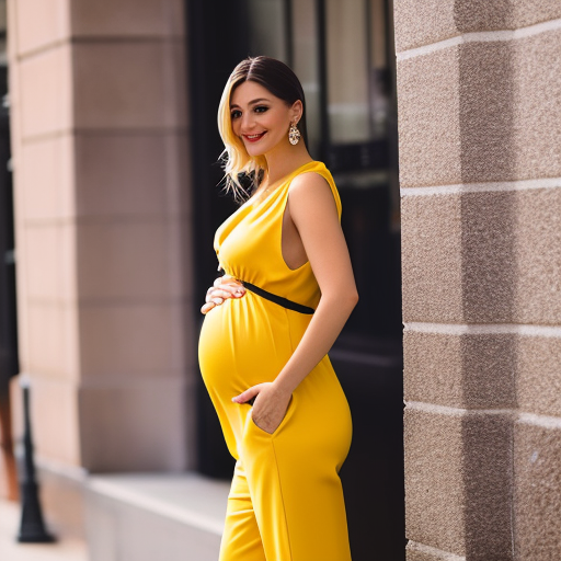An image showcasing a trendy maternity jumpsuit: a fashionable mom-to-be confidently struts in a chic one-piece, featuring a vibrant floral print, a flattering wrap silhouette, and stylish wide-leg pants, embodying the latest maternity jumpsuit trends for this season