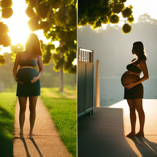 An image showcasing a pregnant woman's silhouette wearing khaki maternity shorts
