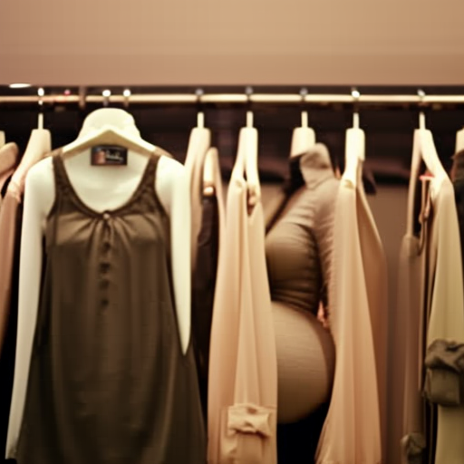 An image showcasing a stylish and comfortable pregnant woman wearing khaki maternity shorts, browsing through a variety of options in a well-stocked maternity clothing store