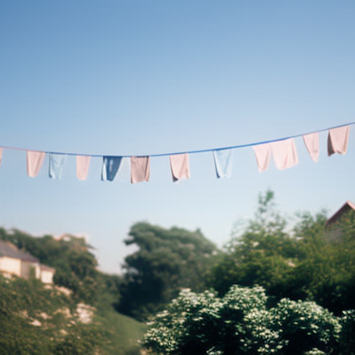 An image showcasing a pair of maternity khaki shorts gently hand-washed, air-drying on a clothesline with a gentle breeze