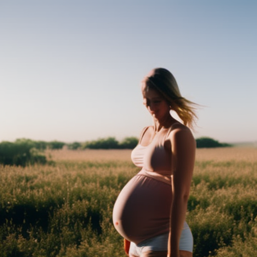 An image showcasing a radiant expectant mother in comfortable maternity khaki shorts, enjoying the outdoors while confidently flaunting her baby bump