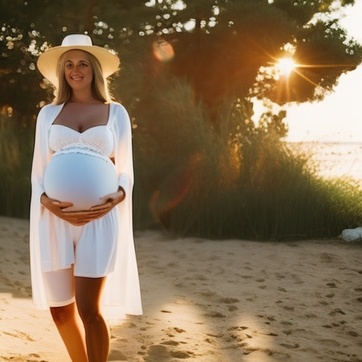 An image showcasing a pregnant woman confidently flaunting her baby bump while wearing maternity khaki shorts, paired with a loose, flowy white blouse and accessorized with a wide-brimmed straw hat and comfortable sandals