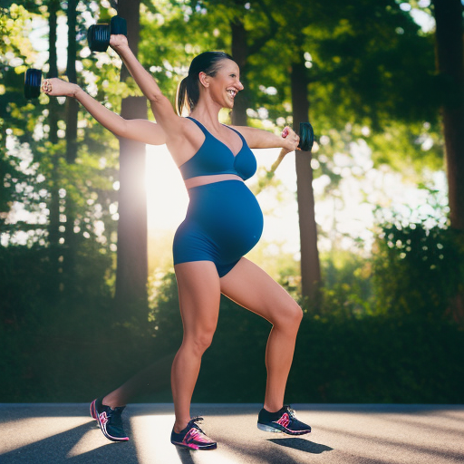 An image showcasing a vibrant, energetic mom-to-be engaged in a dynamic workout routine while wearing stylish and supportive maternity lingerie
