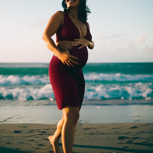 An image showcasing a confident expectant mother, elegantly adorned in a chic maternity swimsuit, gracefully strolling along the beach, radiating joy and style amidst the serene ocean backdrop