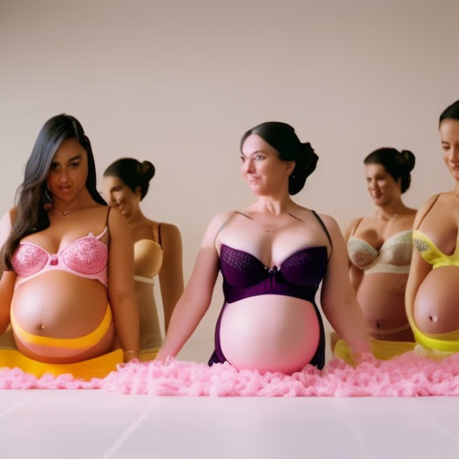 An image depicting a glowing pregnant woman measuring her bust with a soft tape measure, surrounded by a variety of stylish maternity bras in different sizes and colors, neatly arranged on a table