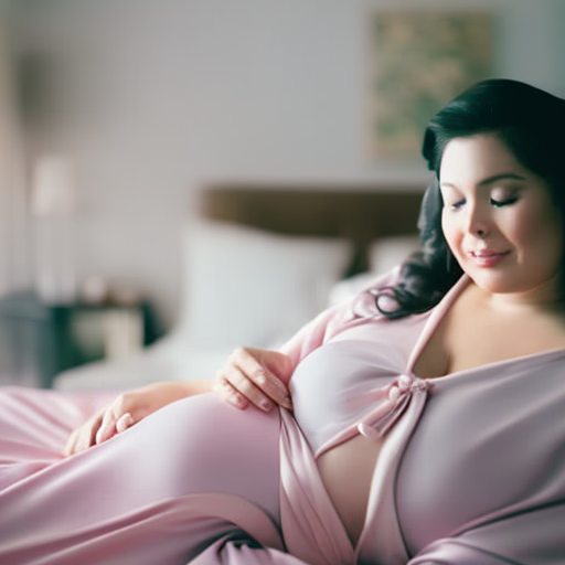An image of a radiant expectant mother, peacefully sleeping in a luxurious, pastel-hued bedroom, adorned with soft, silk maternity sleepwear that effortlessly combines comfort and style