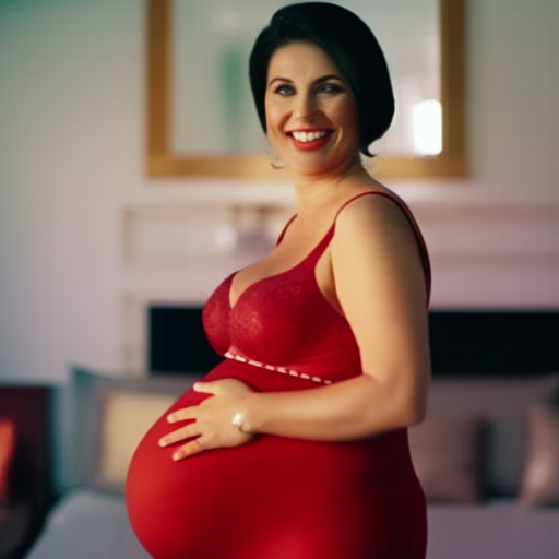 An image depicting a confident, expecting mother wearing maternity shapewear that accentuates her beautiful curves
