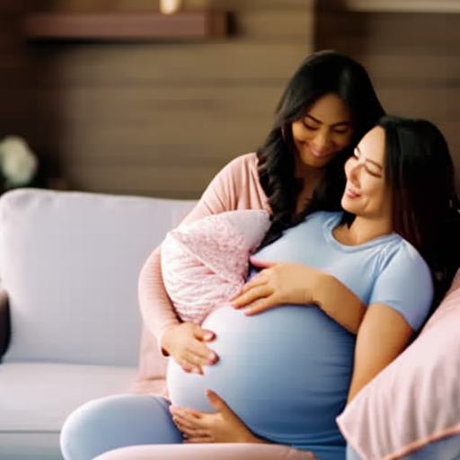  an image of a pregnant woman wearing a soft, stretchy loungewear set, cradling her baby bump, surrounded by cozy pillows and blankets