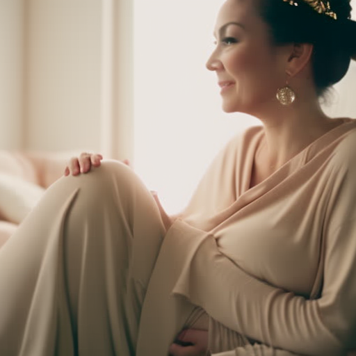 An image of a serene, expectant mother comfortably lounging in soft, pastel-toned maternity loungewear