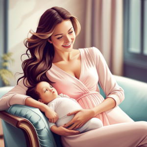 An image that showcases the beauty of maternity matching sets, featuring an expecting mother glowing in a cozy, pastel-toned lounge set, cradling her baby bump as she enjoys a serene moment in a sunlit nursery