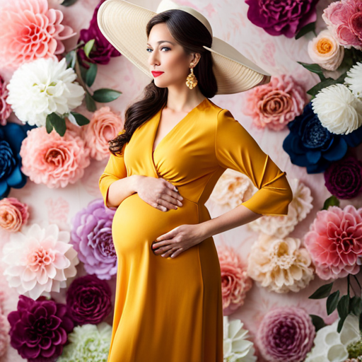 An image showcasing a stylish pregnant woman in a maternity matching set, confidently accessorizing with a wide-brimmed hat and statement earrings, while elegantly posing in front of a picturesque floral backdrop