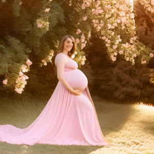 An image that showcases a radiant pregnant woman wearing a flowing, vibrant maternity maxi dress, her hands cradling her baby bump