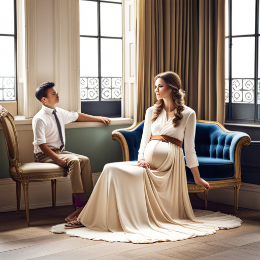 An image showcasing a pregnant woman wearing a Maternity Maxi Skirt, delicately measuring her baby bump with a tailor's tape, emphasizing the importance of accurate sizing and measurements