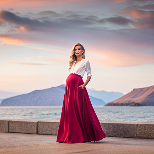 An image showcasing a pregnant woman wearing a stylish and comfortable maternity maxi skirt with pockets