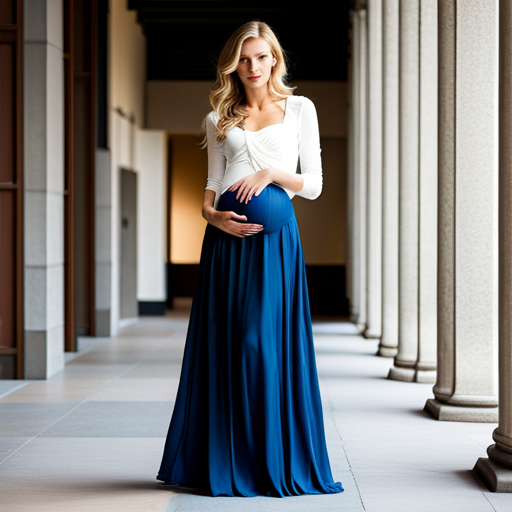 An image showcasing a pregnant woman wearing a flowing, comfortable maternity maxi skirt, contrasting it with other maternity bottoms