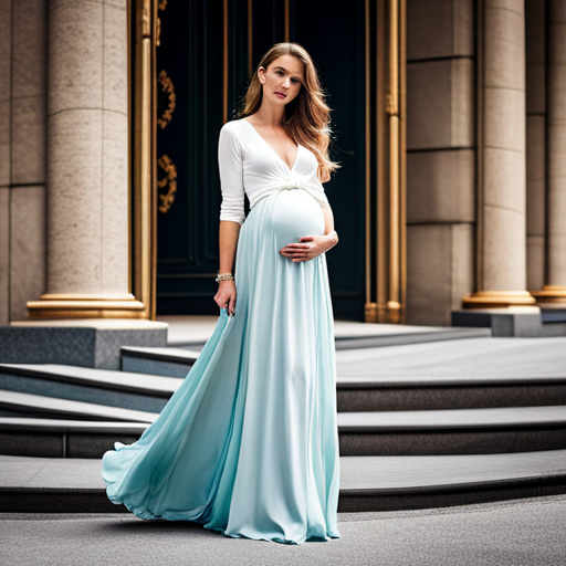 An image showcasing a radiant pregnant woman wearing a flowing, comfortable maternity maxi skirt