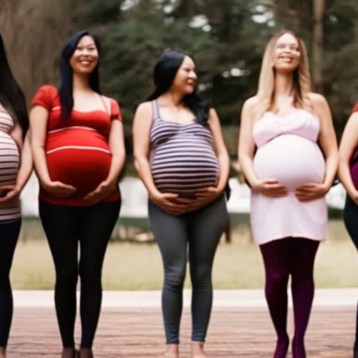 An image showcasing a pregnant woman confidently flaunting a stylish maternity midi skirt, while beside her, other pregnant women wearing different maternity bottoms like leggings, jeans, and shorts, highlight the pros and cons of each choice