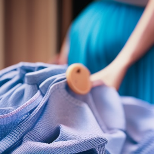 An image showcasing a maternity midi skirt gently folded with care, nestled in a drawer alongside delicate fabric softener and a clothes brush