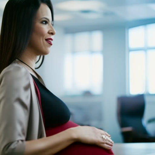 An image showcasing a stylish and professional pregnant woman wearing a maternity midi skirt at her workplace