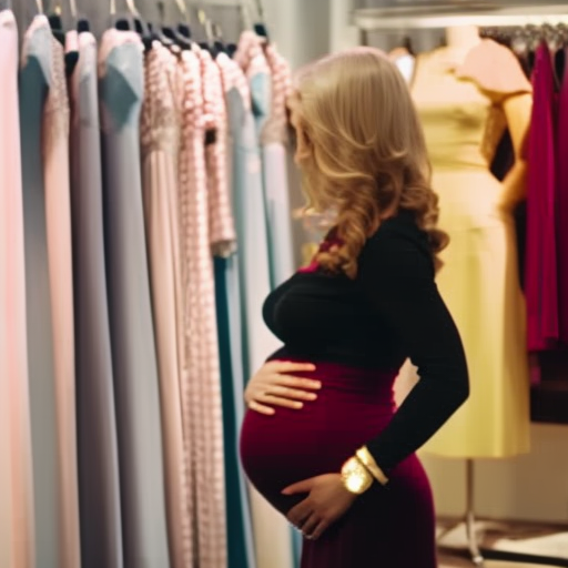 An image showcasing a fashionable pregnant woman wearing a maternity midi skirt in a vibrant color, browsing through a rack of affordable and stylish skirts at a trendy boutique