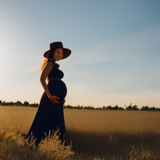 An image featuring a pregnant woman wearing a stylish maternity midi skirt, paired with a form-fitting top and accessorized with a wide-brimmed hat, delicate gold jewelry, and strappy sandals