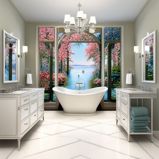 An enchanting image: A serene, sunlit bathroom adorned with blooming flowers, where a radiant expectant mother luxuriates in a milk bath