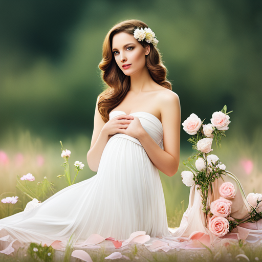 An image that showcases a serene maternity milk bath scene, featuring a blossoming mother surrounded by natural, organic ingredients such as rose petals, chamomile flowers, and fresh herbs, exuding a calming and nourishing aura