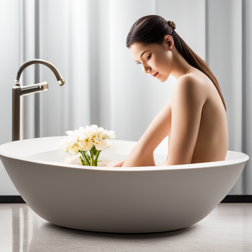 An enchanting image showcasing a serene, expectant mother immersed in a milky oasis, her radiant glow accentuated by delicate flower petals floating atop the soothing bath