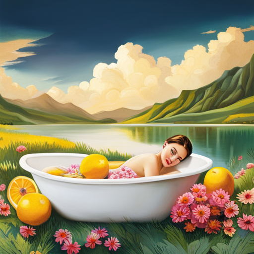 An image capturing the serene beauty of a Maternity Milk Bath, adorned with colorful flowers and delicate citrus slices floating in the milky water, showcasing the calming effects of essential oils