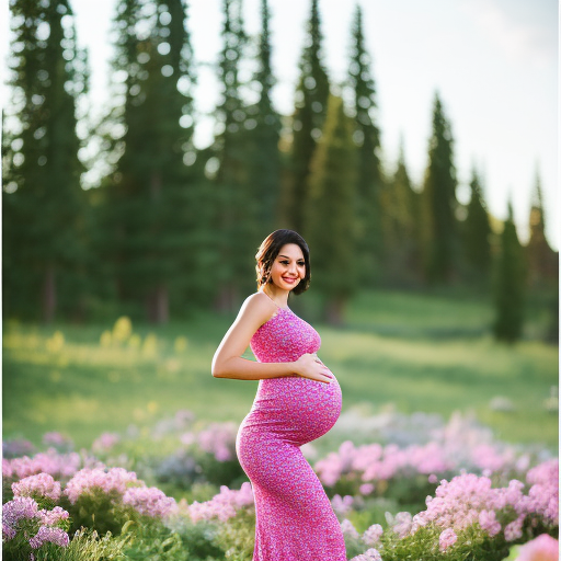 An image that showcases a radiant pregnant woman wearing a figure-hugging, floral-printed maternity mini dress, accentuating her blossoming belly