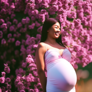 An image showcasing a radiant expectant mother wearing a form-fitting maternity mini dress, accentuating her blossoming silhouette