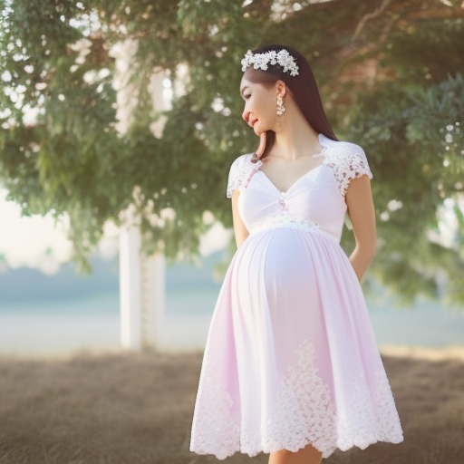 An image showcasing a radiant pregnant woman wearing a stylish maternity mini dress, attending a wedding reception