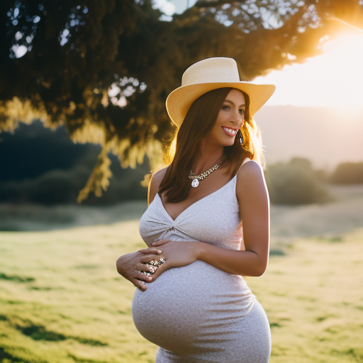 An image of a radiant pregnant woman confidently flaunting her baby bump in a chic maternity mini dress, accessorized with a statement necklace and a floppy sun hat, exuding a fashionable and comfortable vibe