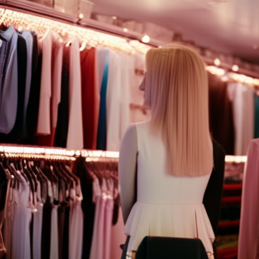 An image showcasing a stylish expectant mother wearing a form-fitting maternity mini dress, browsing through racks of fashionable options in a trendy boutique, surrounded by vibrant colors and trendy decor