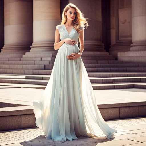 An image showcasing a radiant mom-to-be in a flowing, floor-length maternity dress in a soft pastel hue, accessorized with delicate floral patterns, offering elegance and comfort for unforgettable special occasions