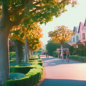 An image showcasing a serene residential area with quaint cottages adorned with pastel hues, blooming gardens, and families strolling along tree-lined streets, capturing the essence of a warm and nurturing Maternity Neighborhood