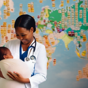 An image showcasing a smiling maternity nurse wearing a white uniform, gently cradling a newborn baby in her arms